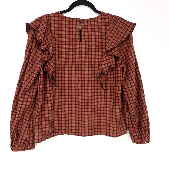 Madewell Ruffle-Front Top in Plaid Size Medium Warren Check Rust Long Sleeve - Picture 3 of 16